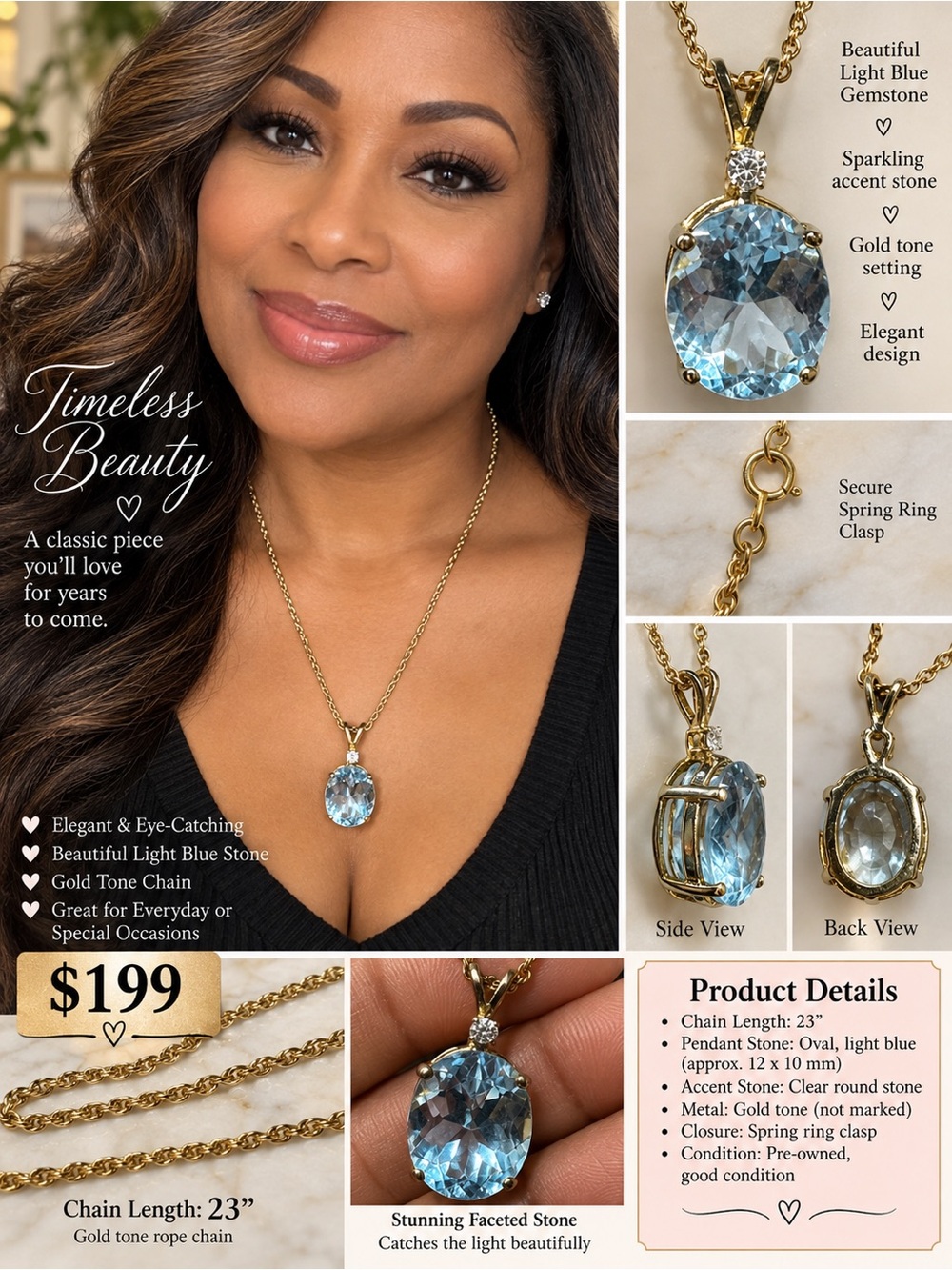 Light Blue Oval Gemstone Pendant Necklace in Gold Tone - Classic Elegance